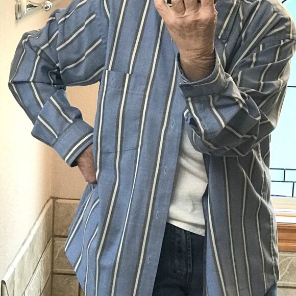 Mergers Button-Down Oxford Shirt: Vintage 80s Blue Gray Cream Striped, Size L - Picture 6 of 8